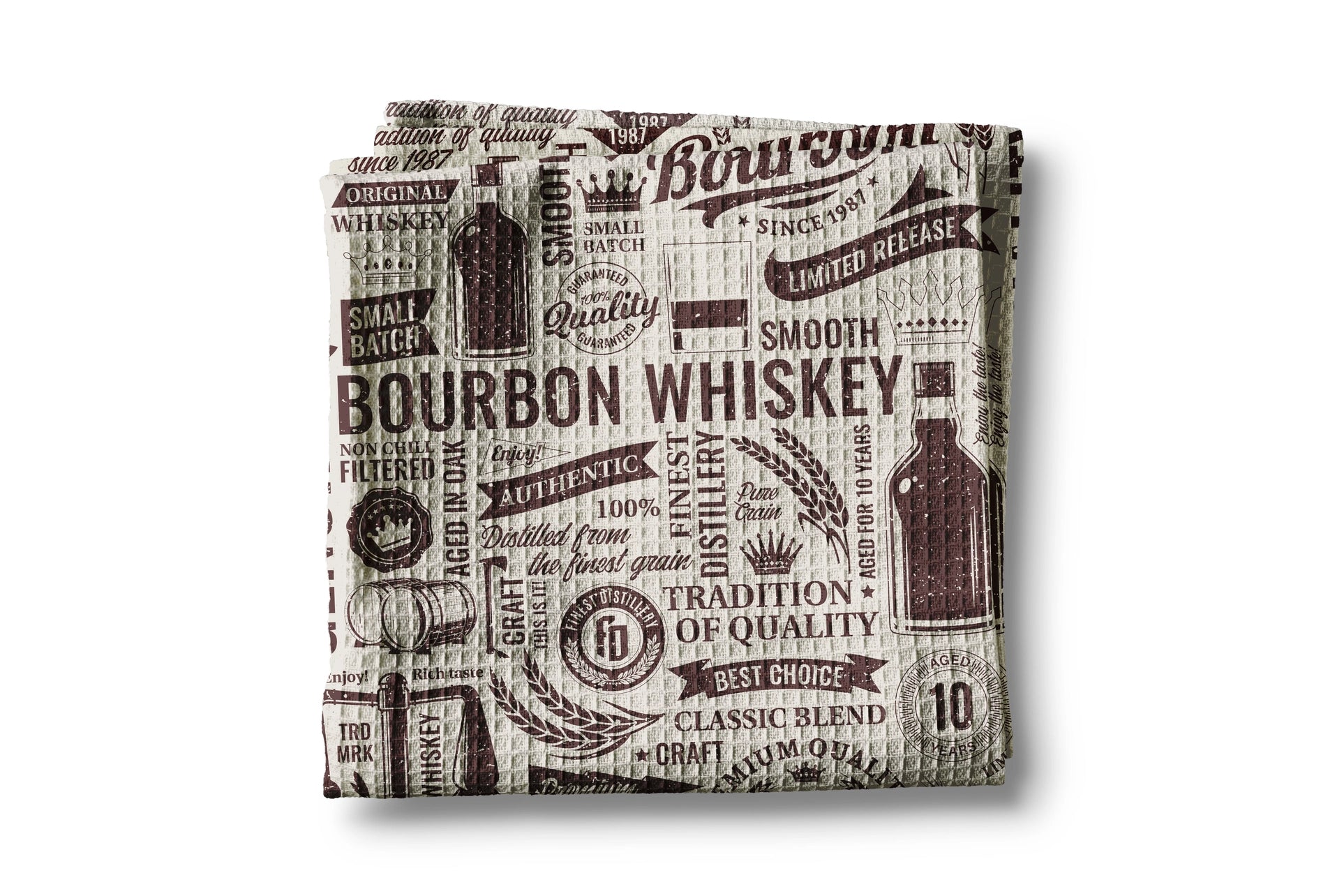 Fabric with bourbon whiskey text and graphics on a white background