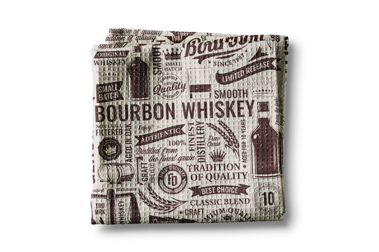 Fabric with bourbon whiskey text and graphics on a white background