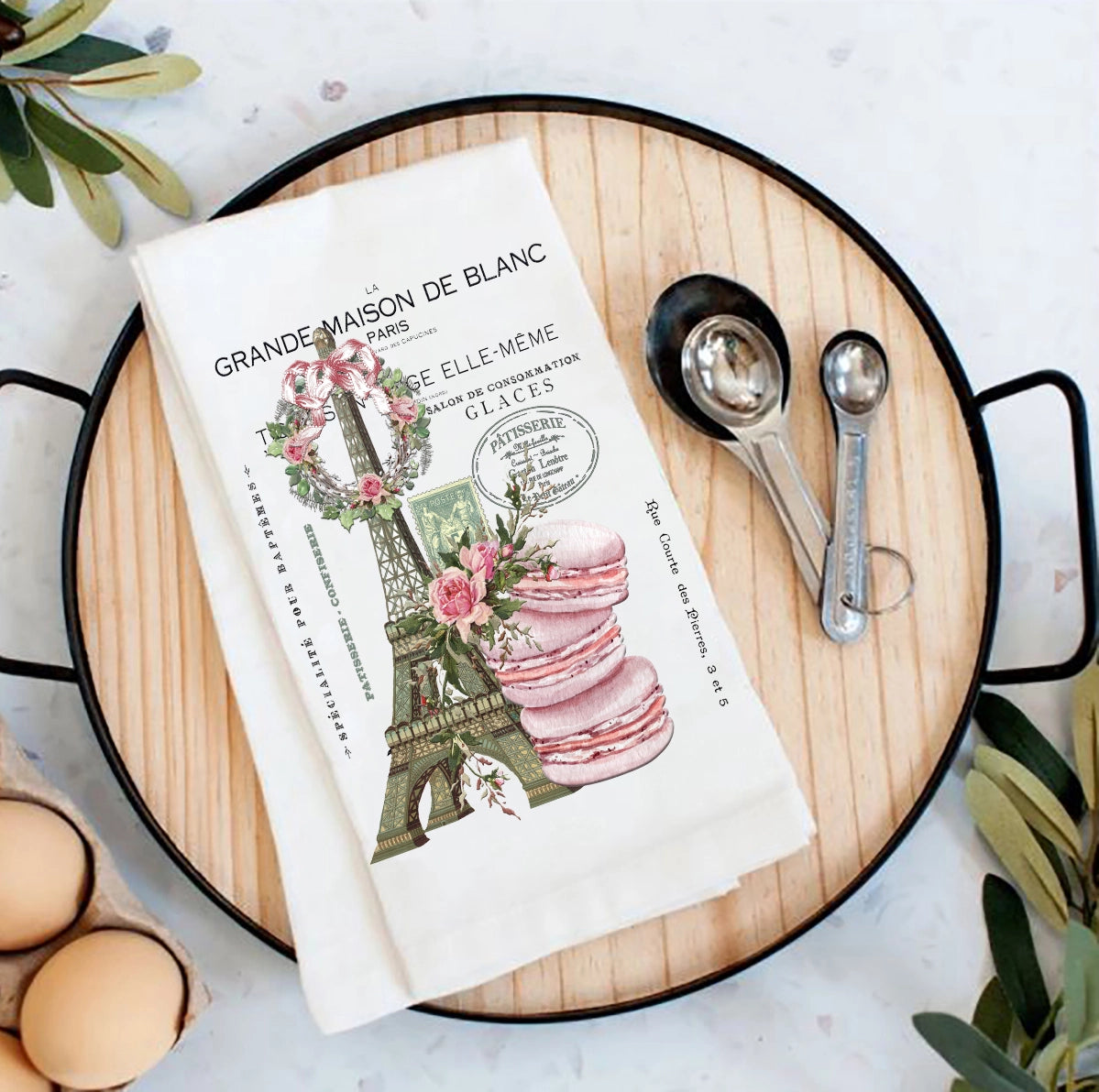 Vintage Paris France Pink Macarons Cotton Tea Towel