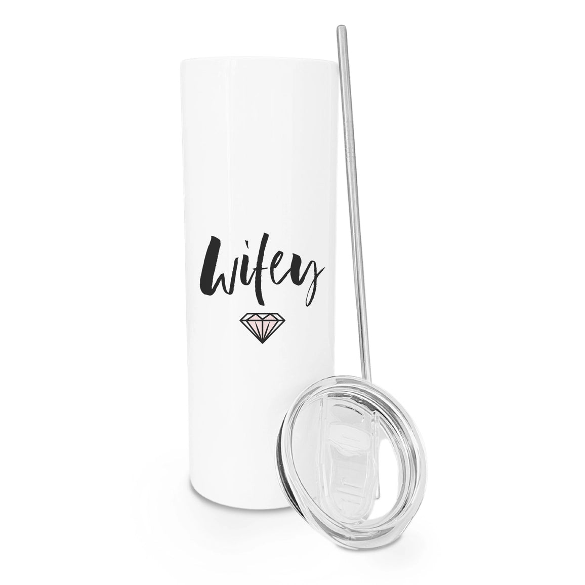 White tumbler with 'Wifey' text and a diamond graphic, accompanied by a metal straw on a white background.
