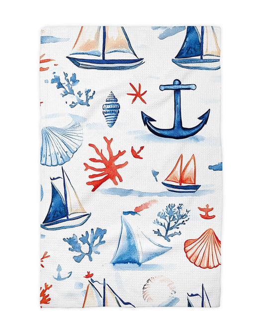 Coral Nautical Anchor Waffle Weave Tea Towel