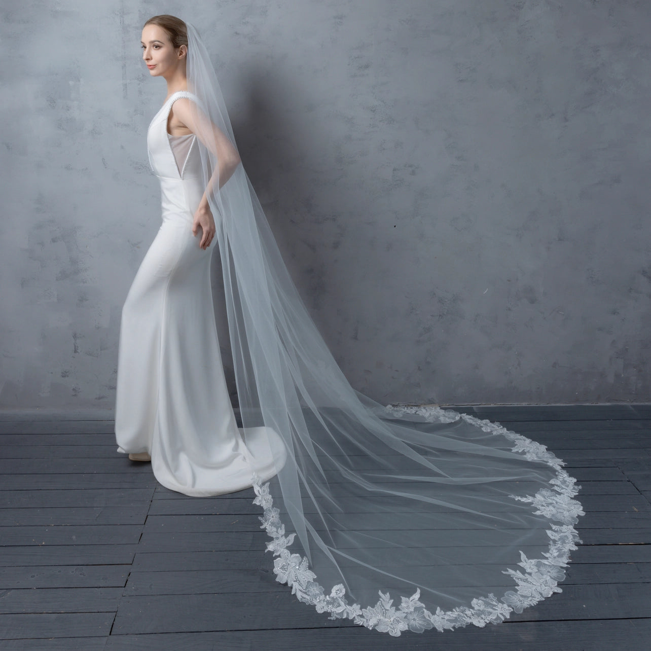 Floral Embroidered Lace Bridal Veil 120" X 90" - Ivory