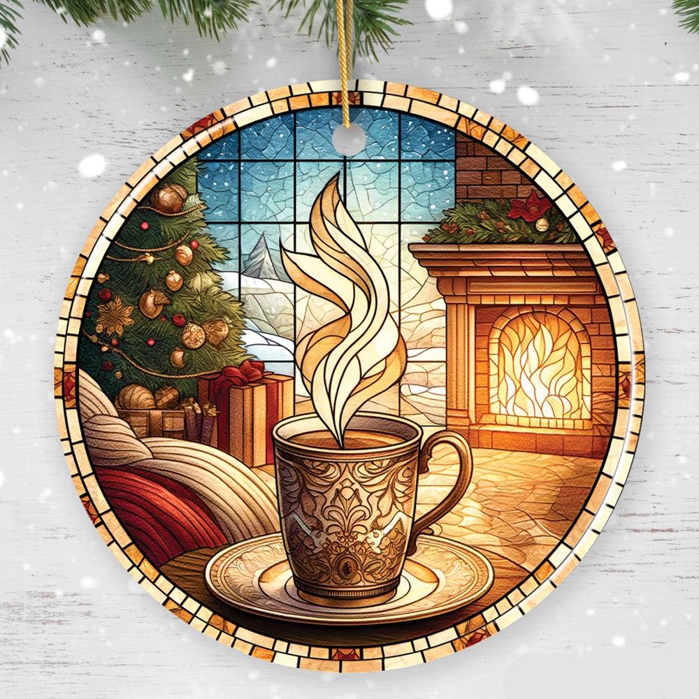 Decorative ornament with a cup of coffee, Christmas tree, and fireplace on a snowy background.