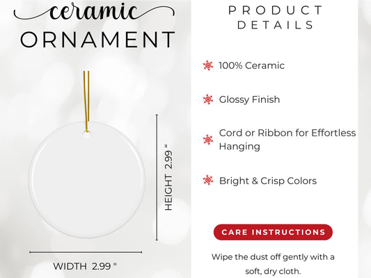 Ceramic ornament with product details on a white background