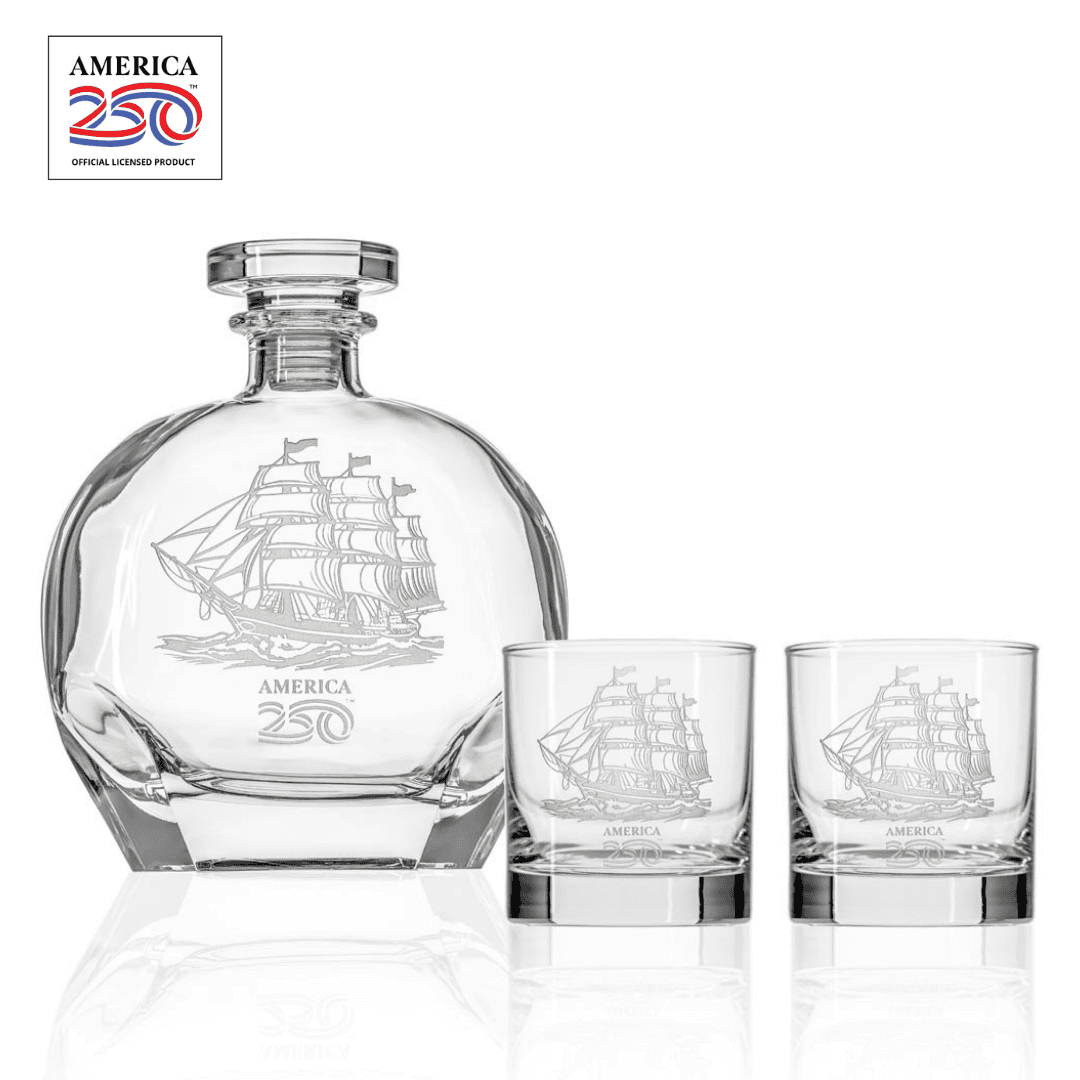America250™ Tall Ship 3 Pc Set | Whiskey Decanter and Rocks Glasses