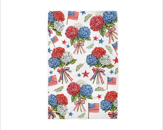 Hydrangea Patriotic U.S. Flag Waffle Weave Tea Towel