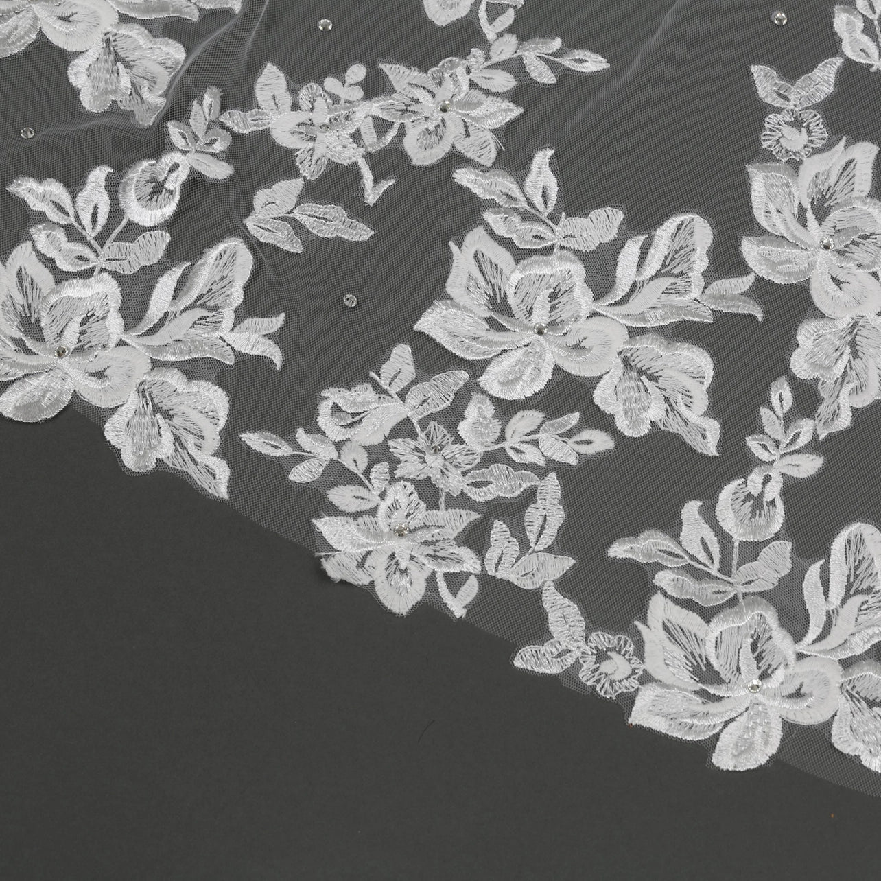 Floral Embroidered Lace Crystal Bridal Veil 120" X 108"- Ivory