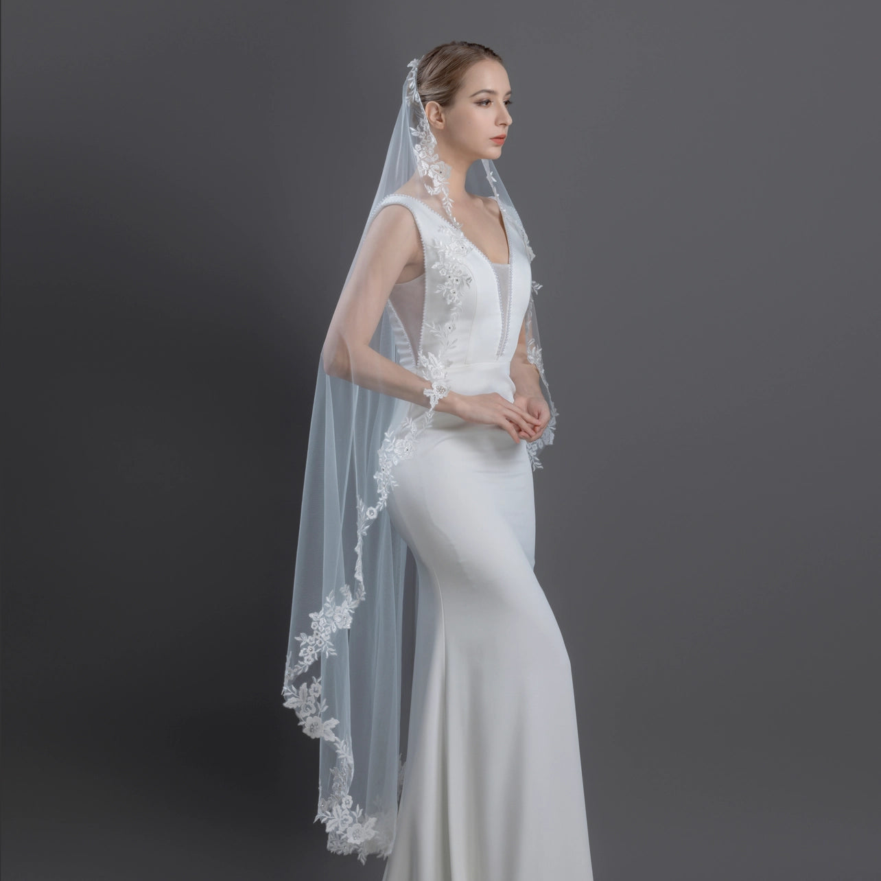 Floral Embroidered Lace Mantilla Bridal Veil 60" X 72" - Ivory