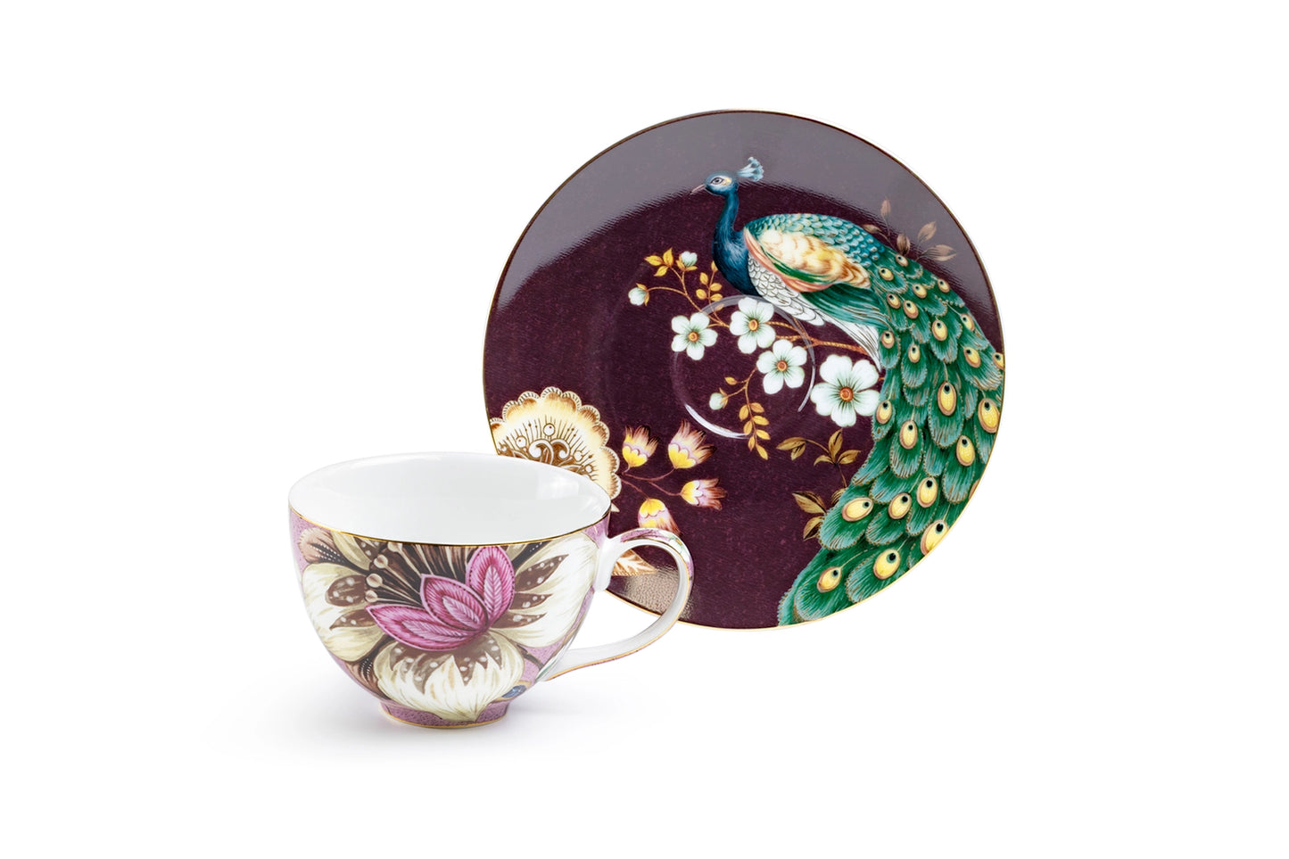 Peacock Lotus Garden Pink Fine Porcelain Cup Saucer Set of 4