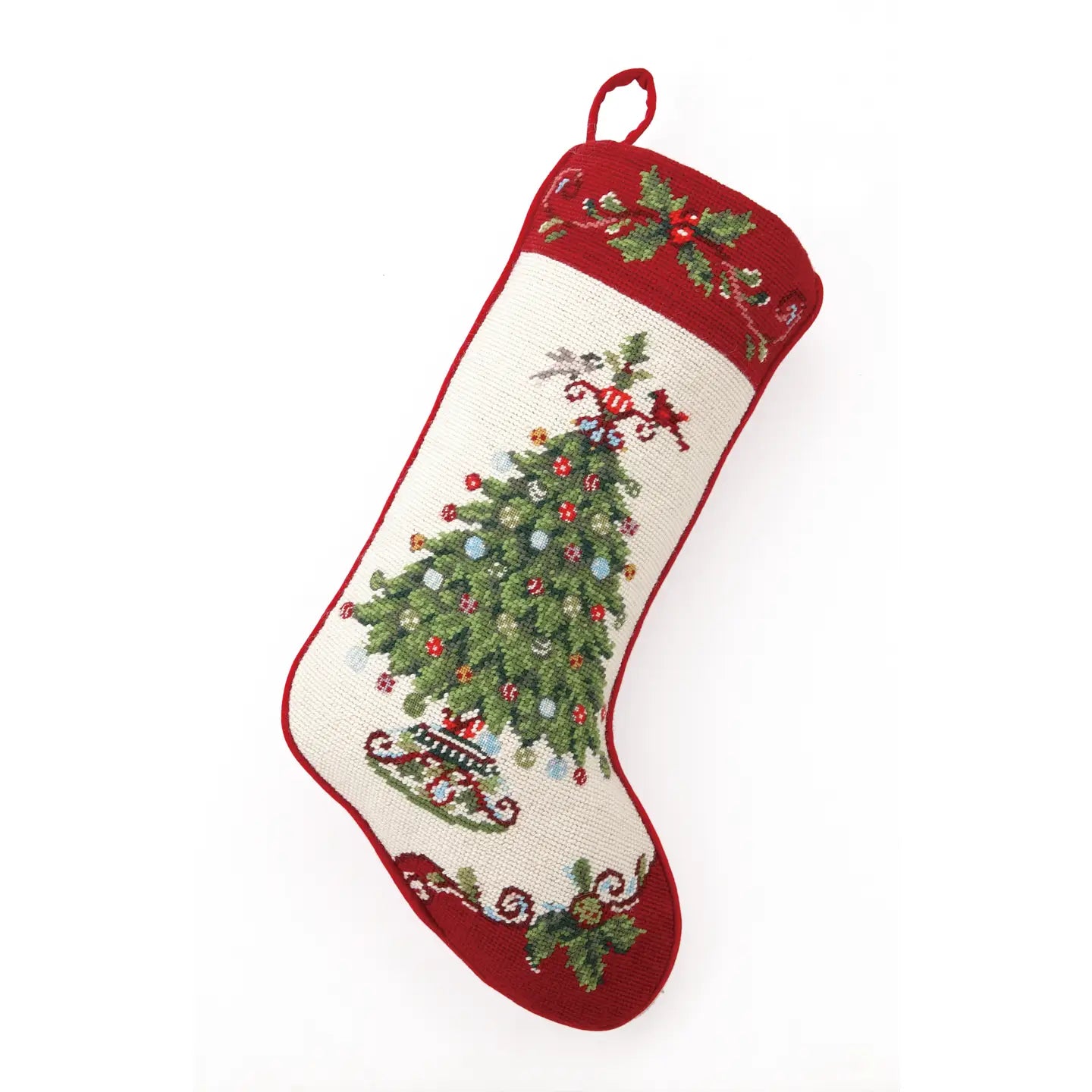 Christmas Holly Garden Tree Needlepoint Stocking