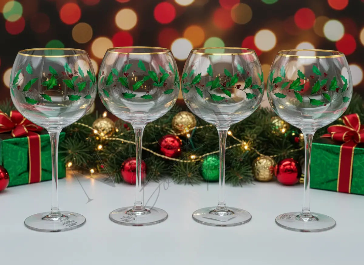 Berry Garland Gold Rim Balloon Wine Glasses Set of 4 Wine Glasses