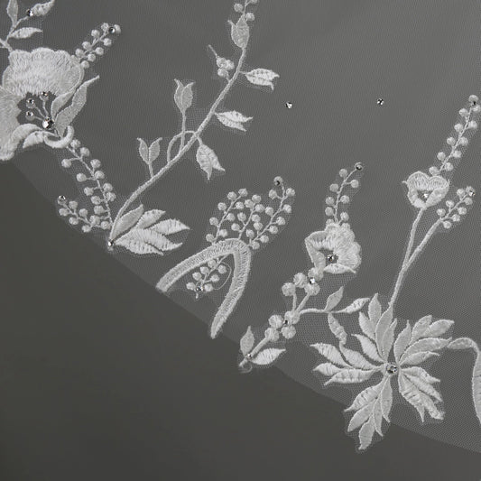 Floral Embroidered Lace Crystals Bridal Veil 54" X 60" - Ivory