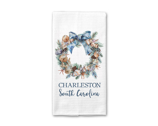 Custom Set of 2 City & State Seashell Wreath Kitchen Towel
