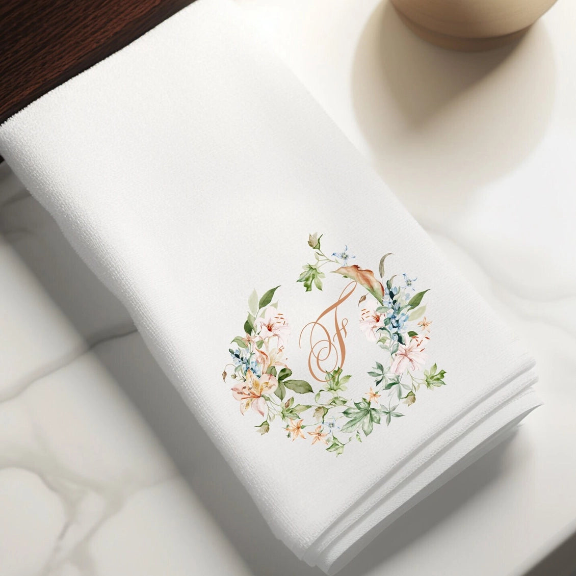 Monogram Day Lily Wreath Fingertip Towel -PreOrder