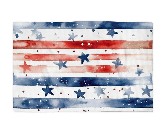 US Flag Watercolor Waffle Weave Tea Towel