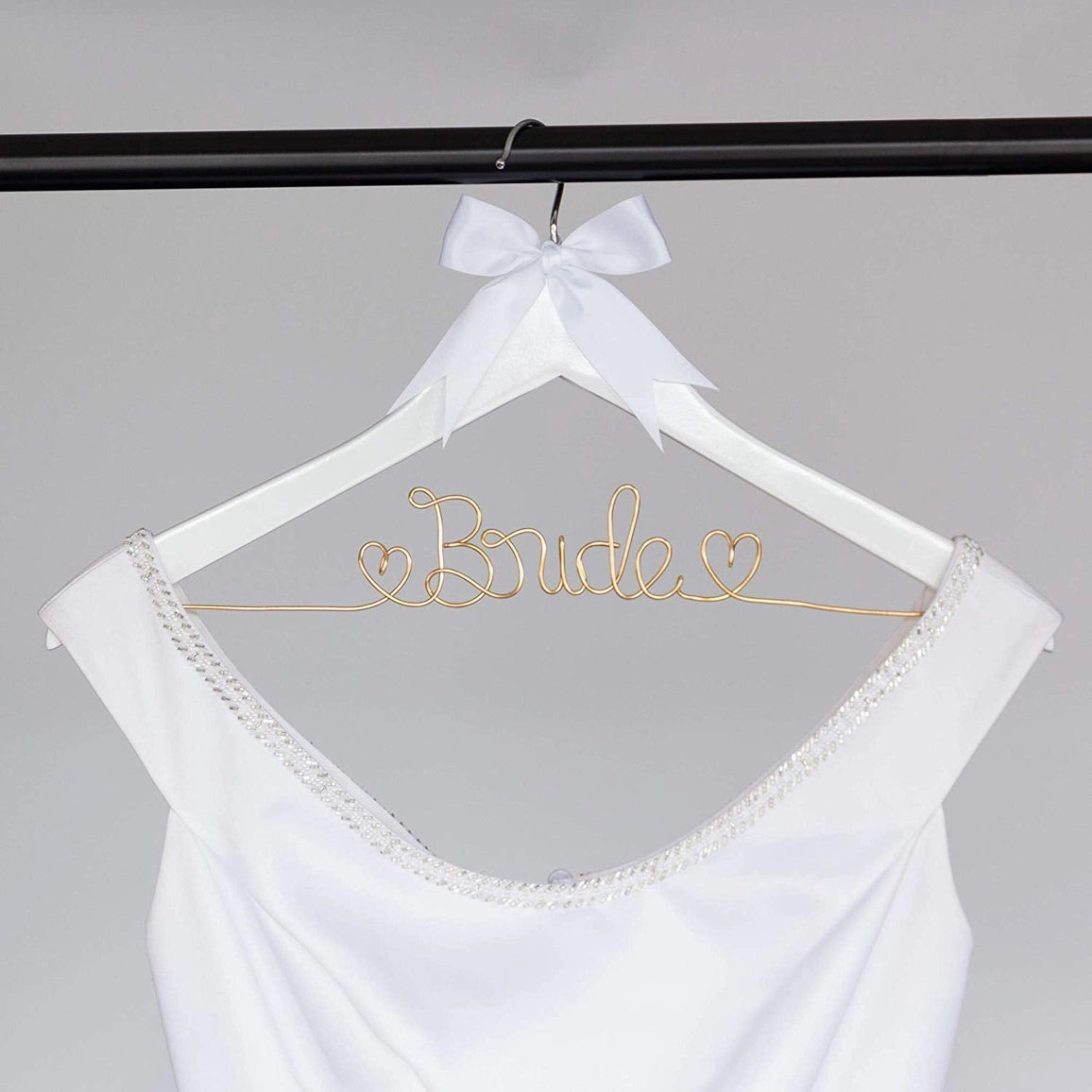 Bride Wedding Dress Hanger - White with Light Gold Wire