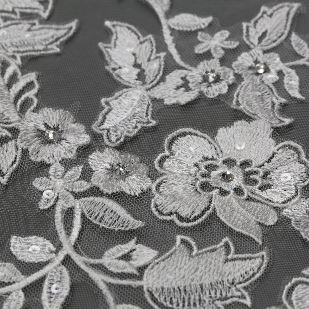 Floral Embroidered Lace Bridal Veil Rhinestones 120" X 90" - Ivory
