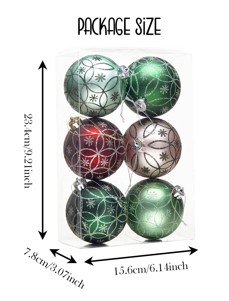 Packaging of green and red Christmas ornaments with dimensions displayed.