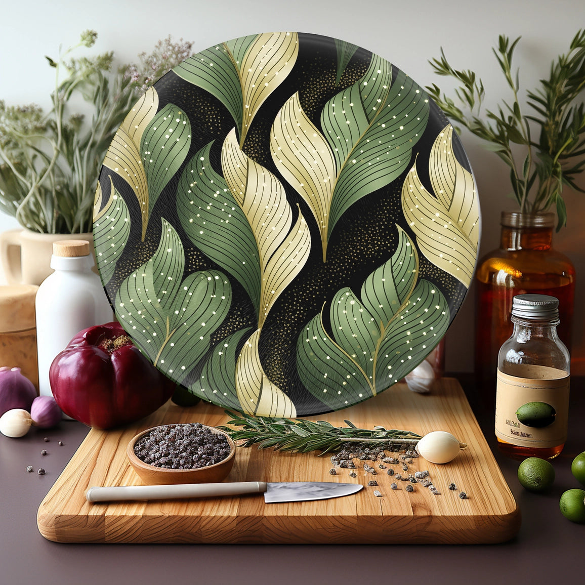 Leaves Round Tempered Glass Cutting Board
