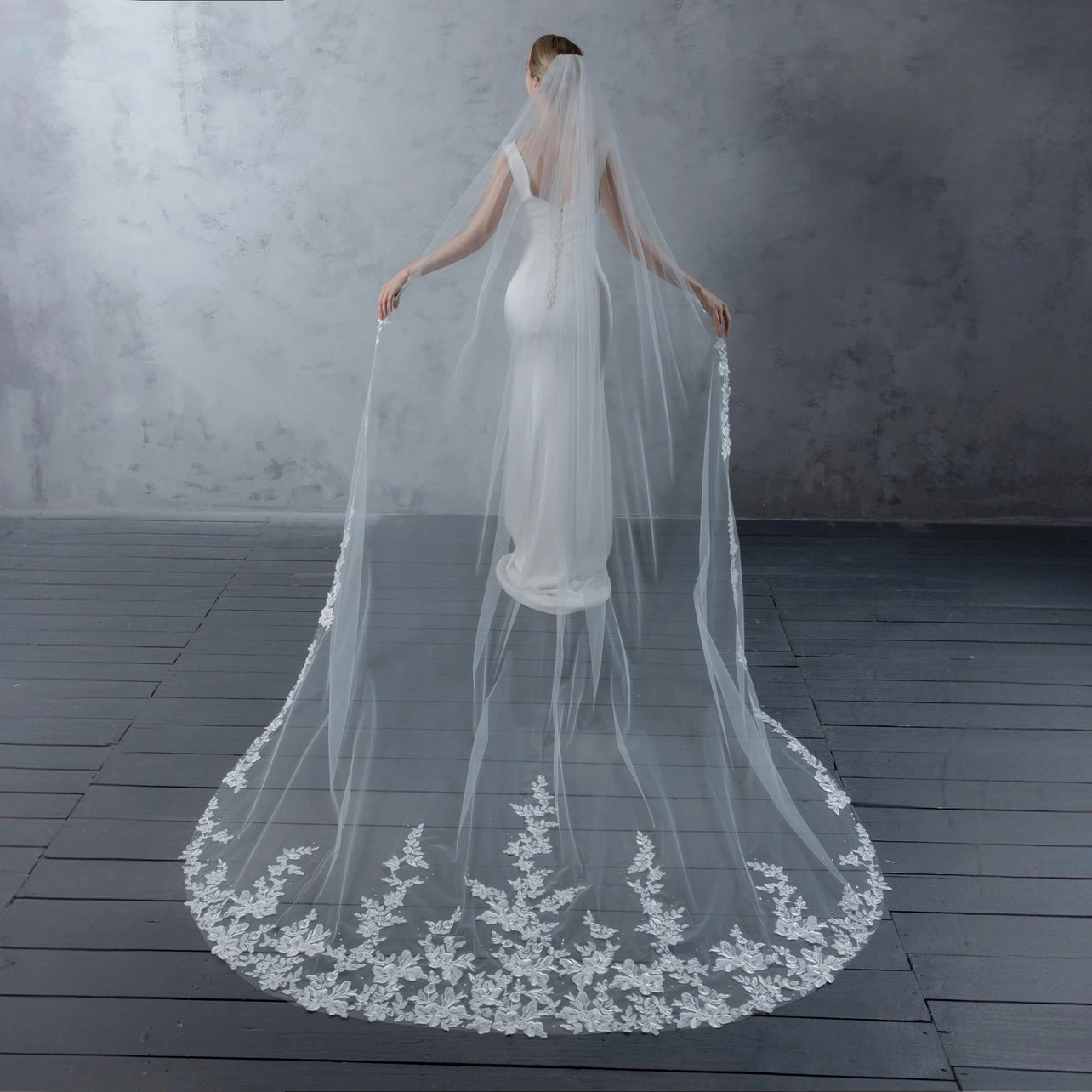 Floral Embroidered Lace Crystal Bridal Veil 120" X 108"- Ivory