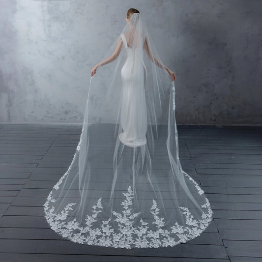 Floral Embroidered Lace Crystal Bridal Veil 120" X 108"- Ivory