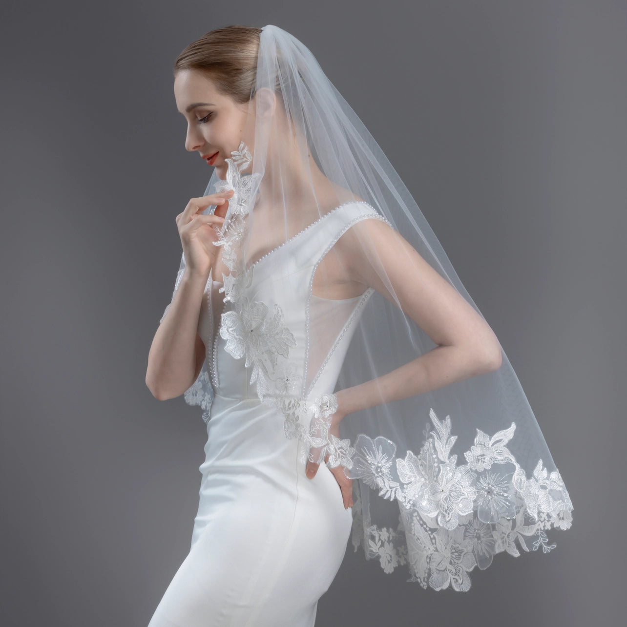 Floral Embroidered Lace Bridal Veil 50" X 60" - Ivory