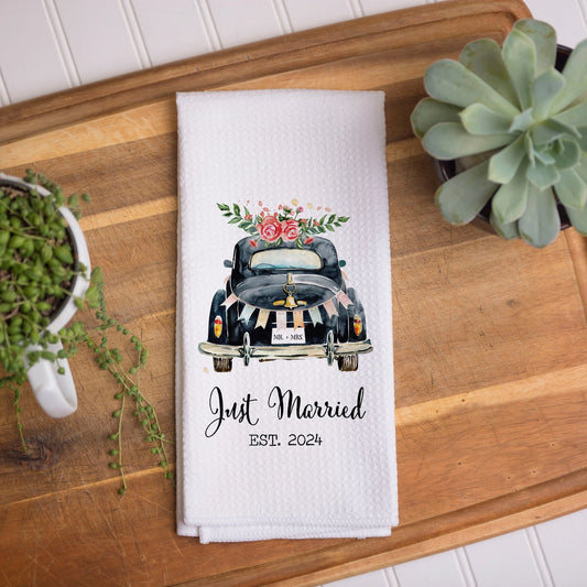Vintage Car Just Married Waffle Weave Tea Towel