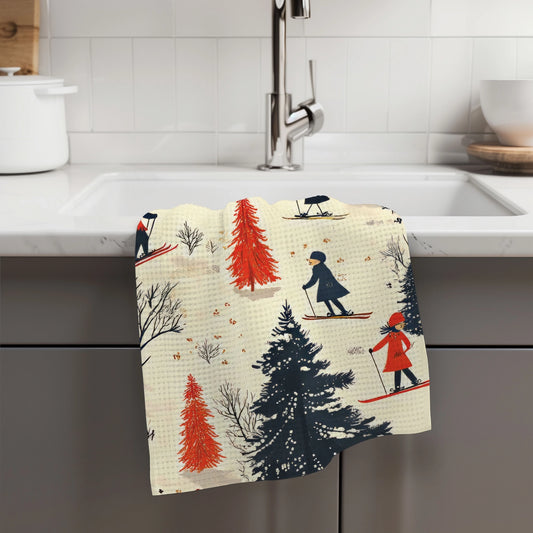 Skiing Mountain Waffle Weave Tea Towel