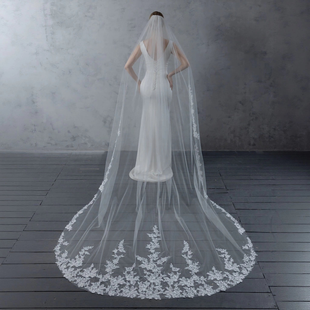 Floral Embroidered Lace Crystal Bridal Veil 120" X 108"- Ivory