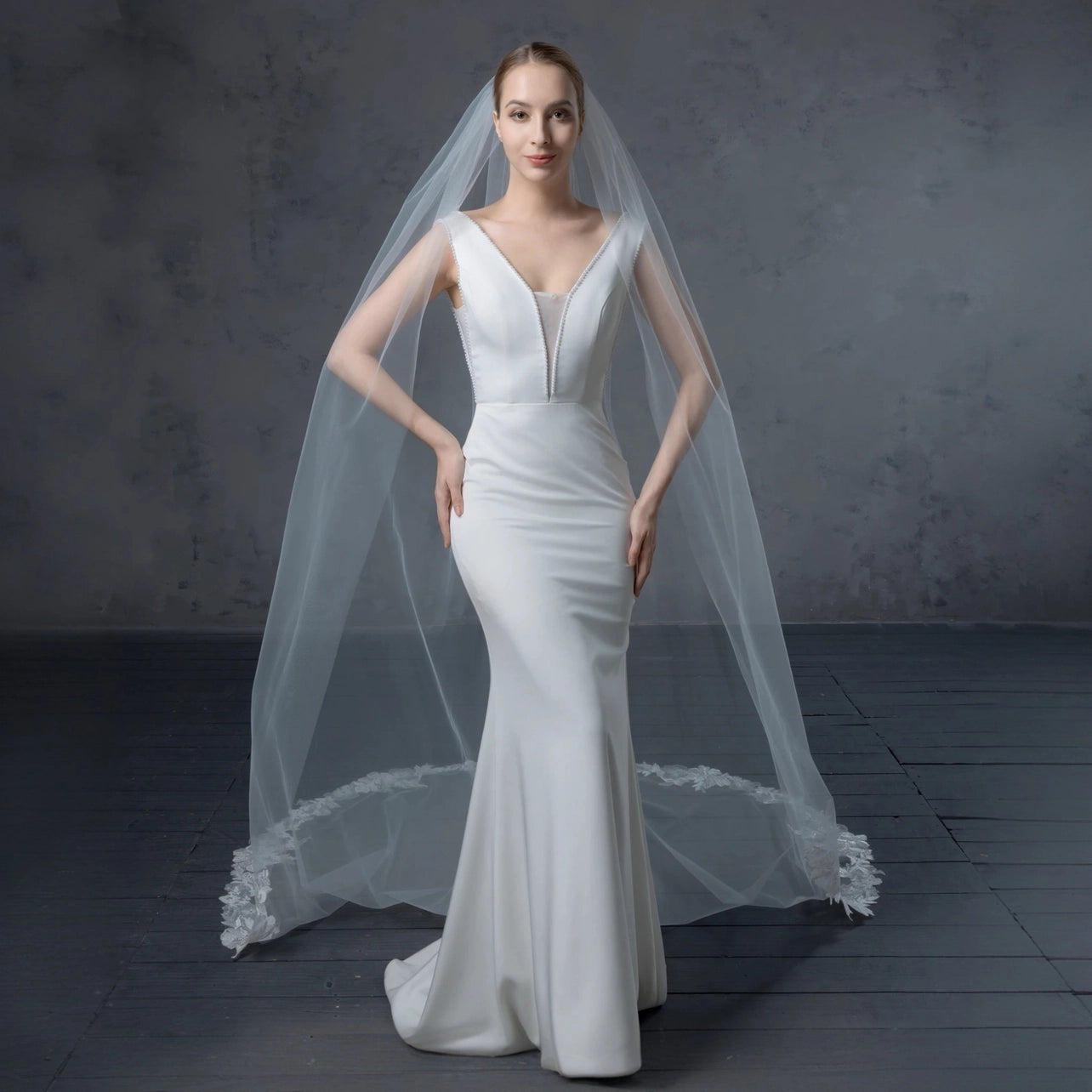 Floral Embroidered Lace Bridal Veil 120" X 90" - Ivory