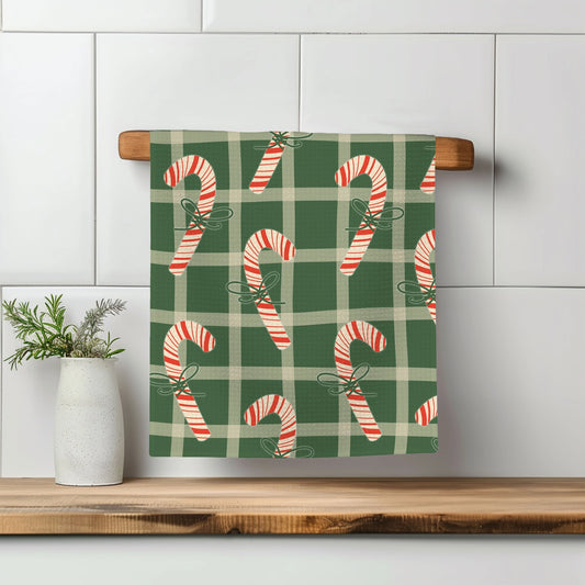 Retro Christmas Candy Cane Waffle Weave Tea Towel
