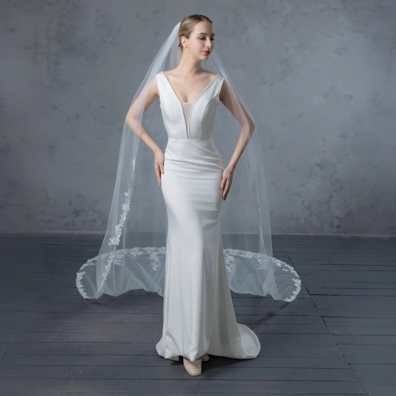 Floral Embroidered Lace Crystal Bridal Veil 120" X 108"- Ivory