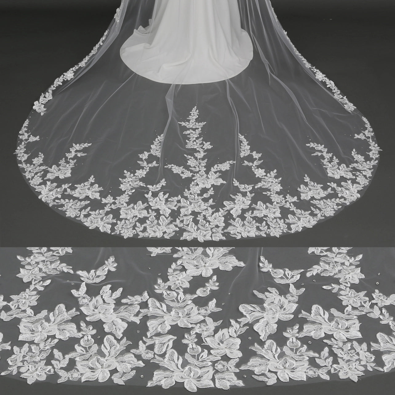 Floral Embroidered Lace Crystal Bridal Veil 120" X 108"- Ivory