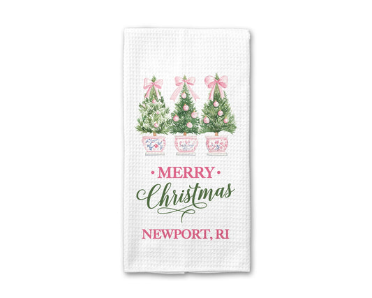 Custom Chinoiserie Pink Christmas Tree Waffle Weave Tea Towel