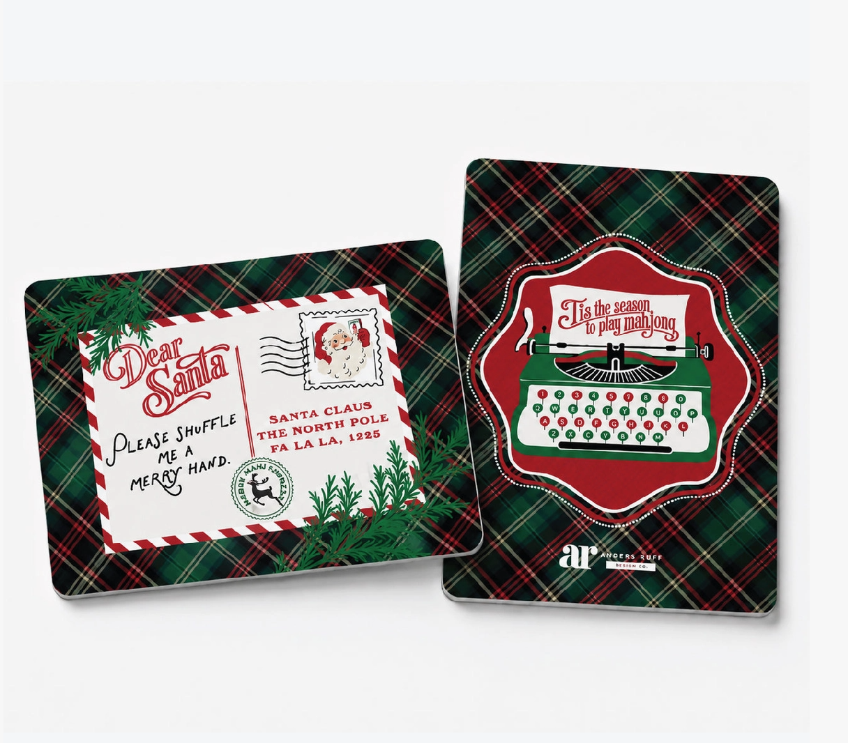 Dear Santa Christmas Mahjong tile shufflers by Anders Ruff featuring tartan plaid, vintage Santa letter and retro typewriter designs.