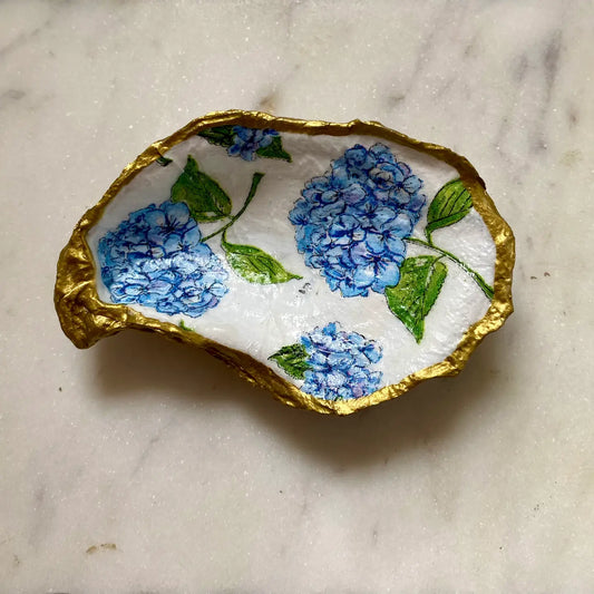 Blue Hydrangea Oyster Shell Jewelry Dish