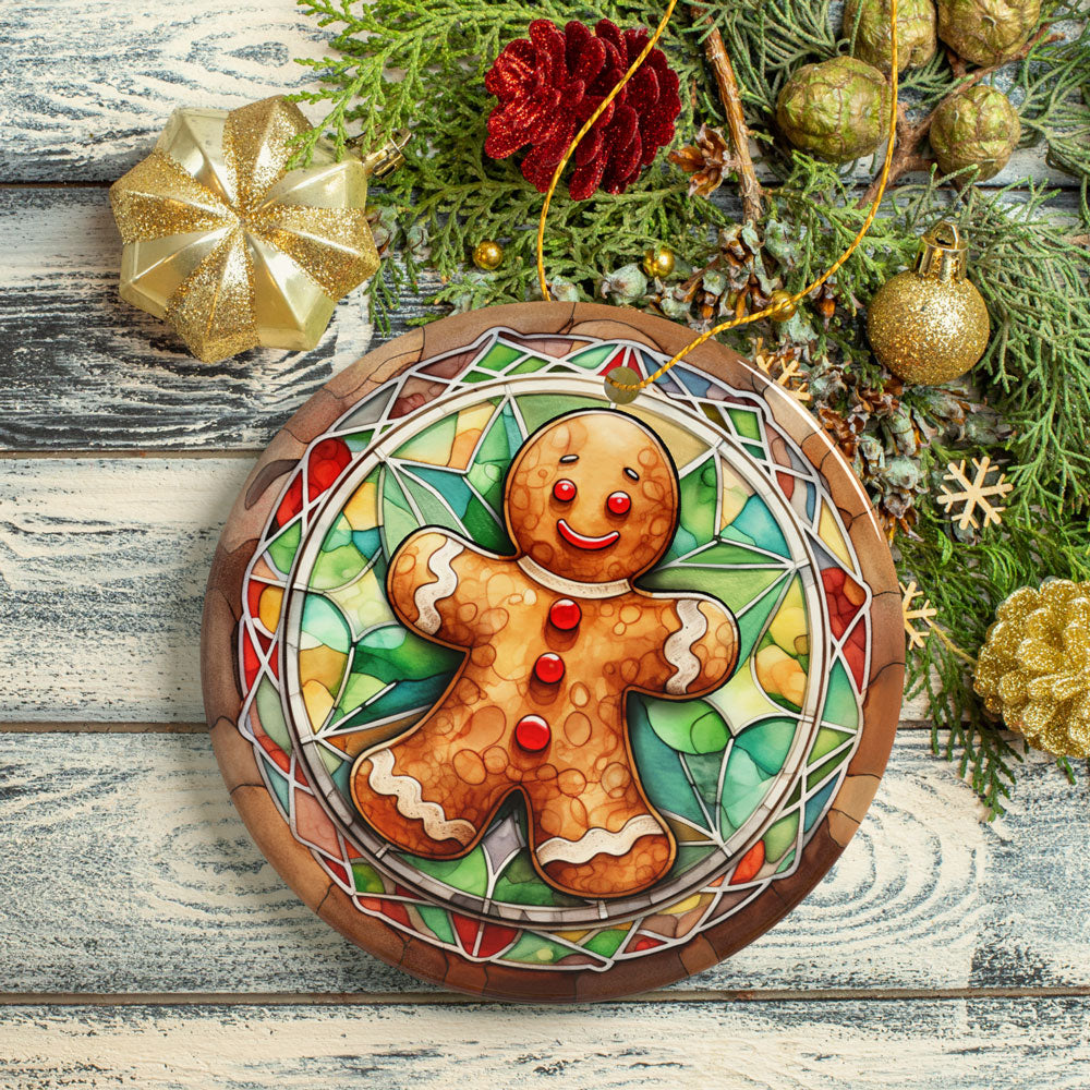 Gingerbread Man Stained Glass Style Ceramic Ornament