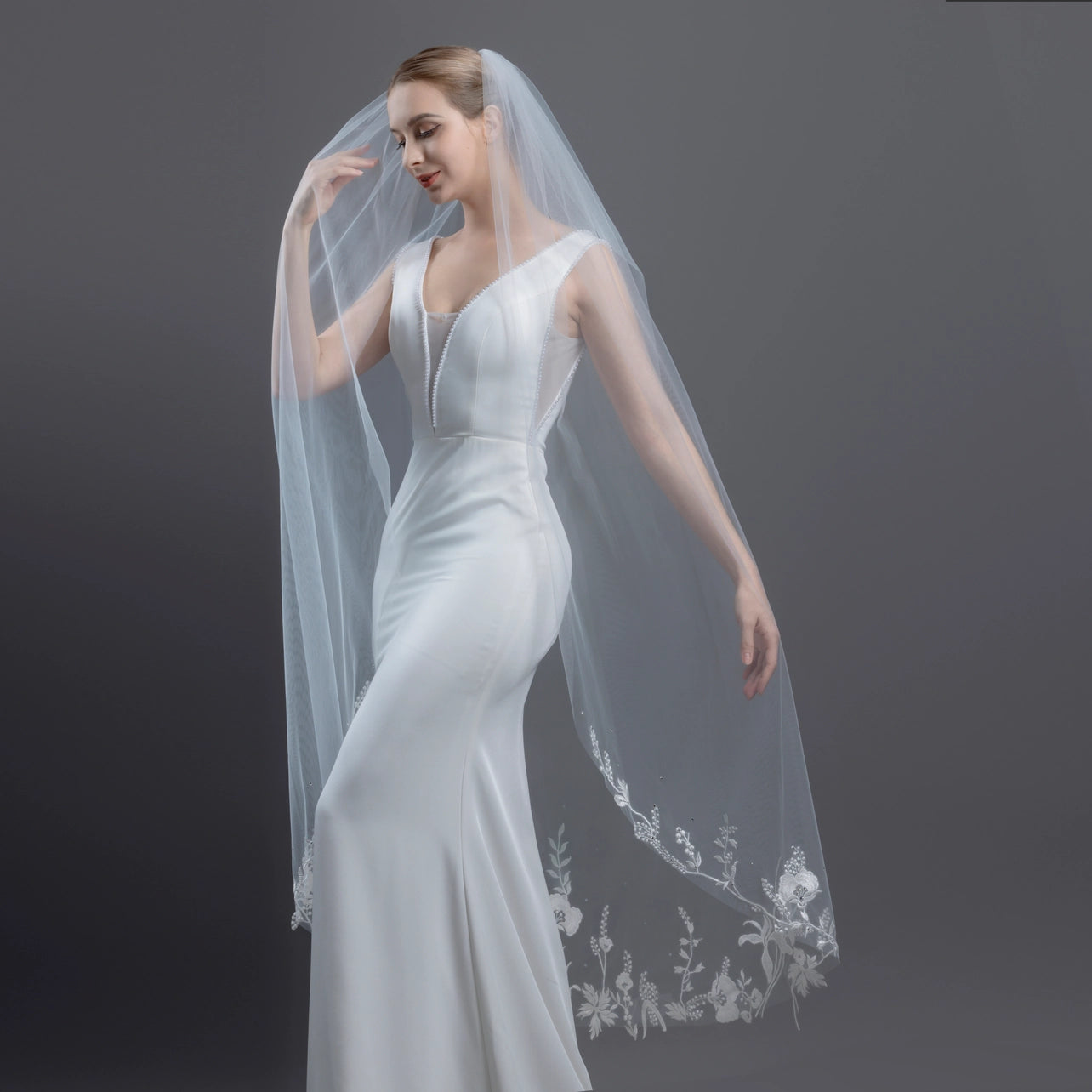 Floral Embroidered Lace Crystals Bridal Veil 54" X 60" - Ivory