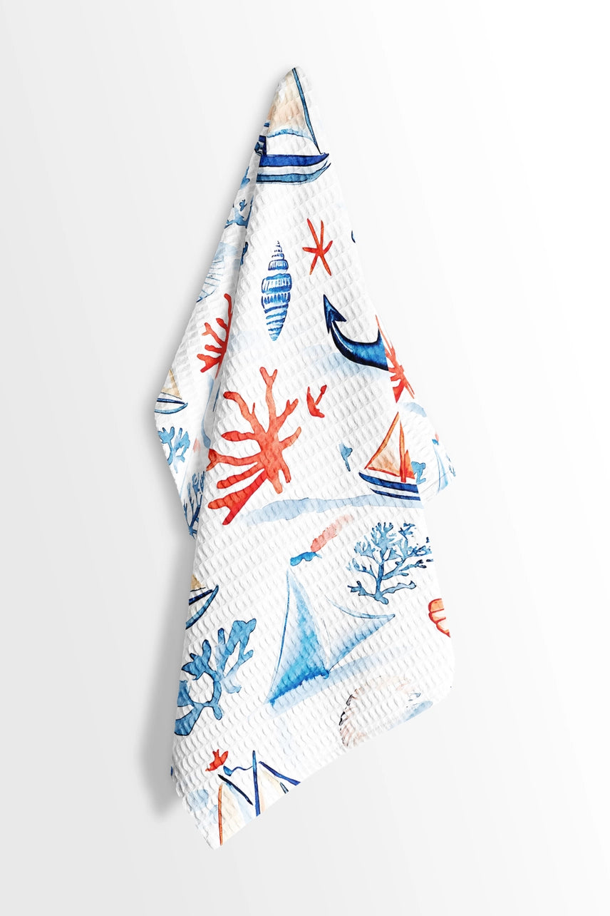 Coral Nautical Anchor Waffle Weave Tea Towel