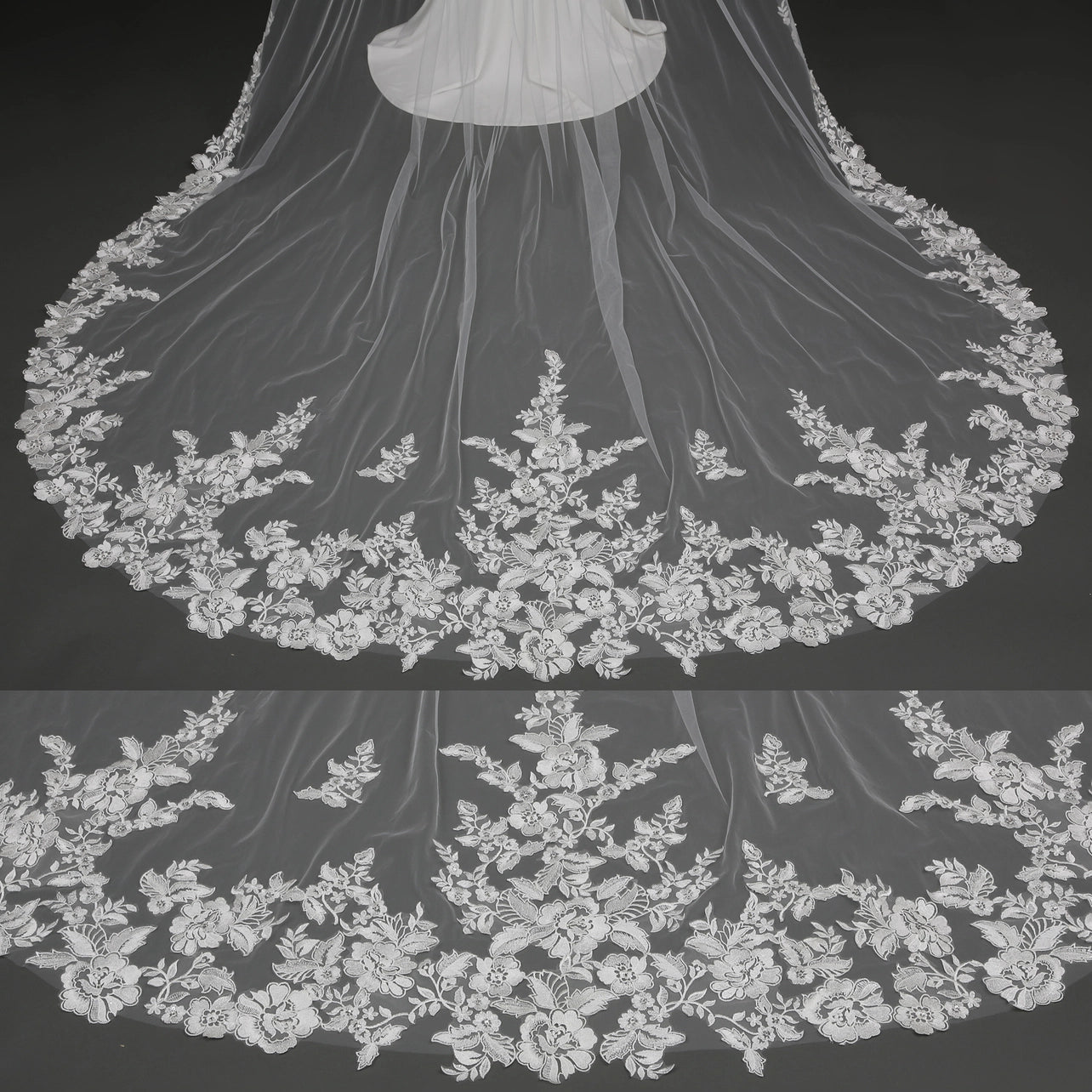 Floral Embroidered Lace Bridal Veil Rhinestones 120" X 90" - Ivory