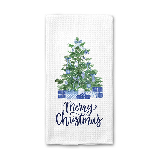 Blue Chinoiserie Christmas Tree & Gifts Waffle Weave Tea Towel