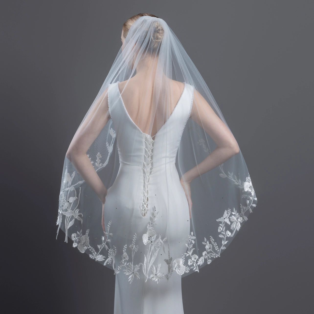 Floral Embroidered Lace Crystals Bridal Veil 42" X 60" - Ivory