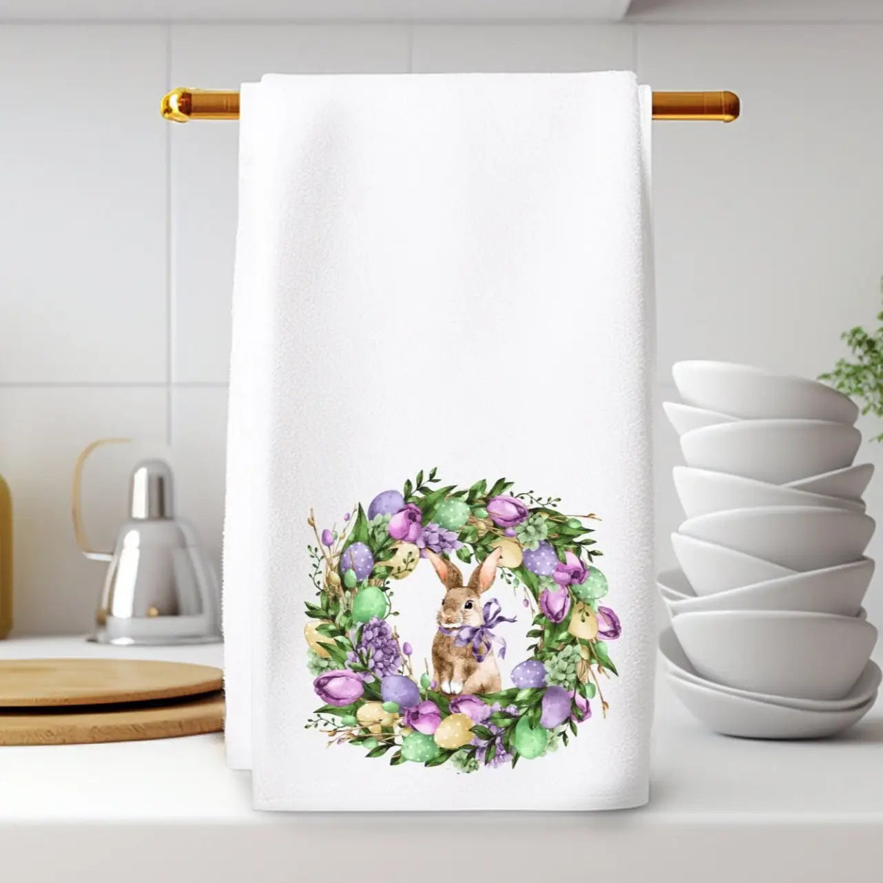Easter Bunny Spring Wreath Hand Towel - PreOrder