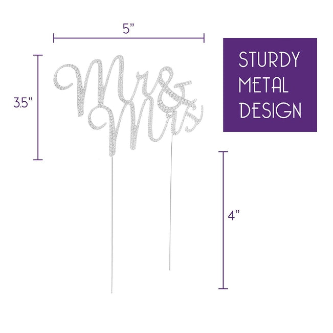 Mr & Mrs Cursive Silver Crystal Cake Topper