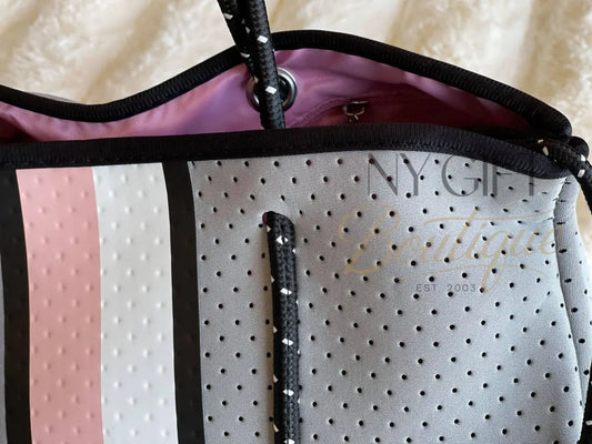 Neoprene Beach Bag - Grey w/ Pink & White Center Stripe Beach Bag