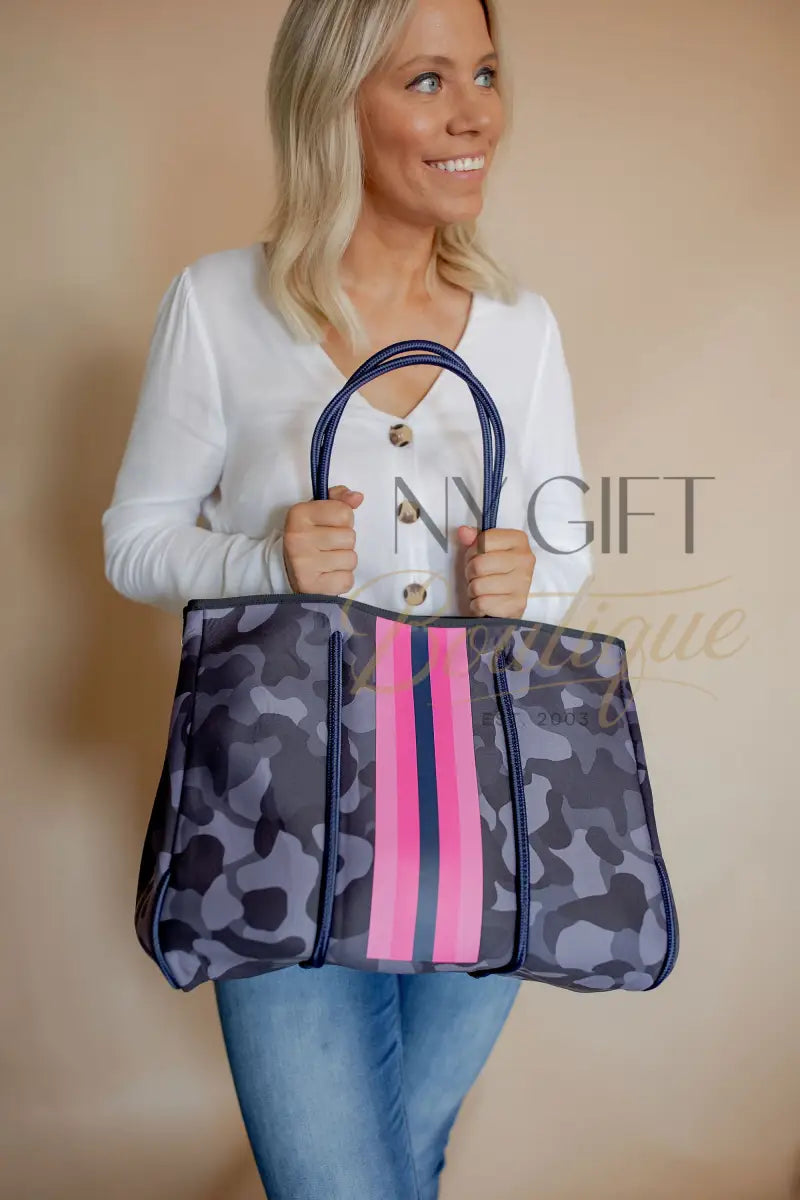 Neoprene Beach Bag - Purple Grey Camo W/Pink Stripe Beach Bag