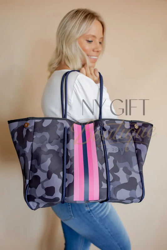 Neoprene Beach Bag - Purple Grey Camo W/Pink Stripe Beach Bag