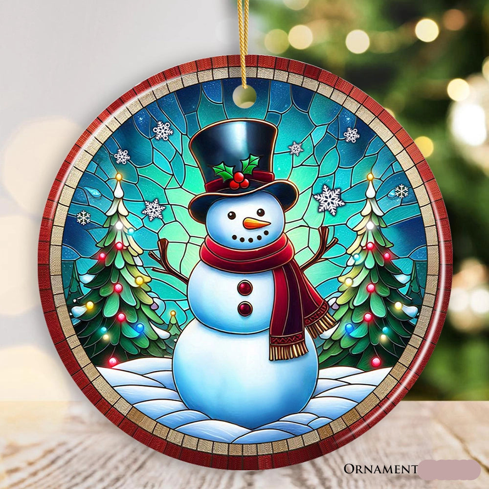 Snowman Window Art Stained Glass Style Ceramic Ornament