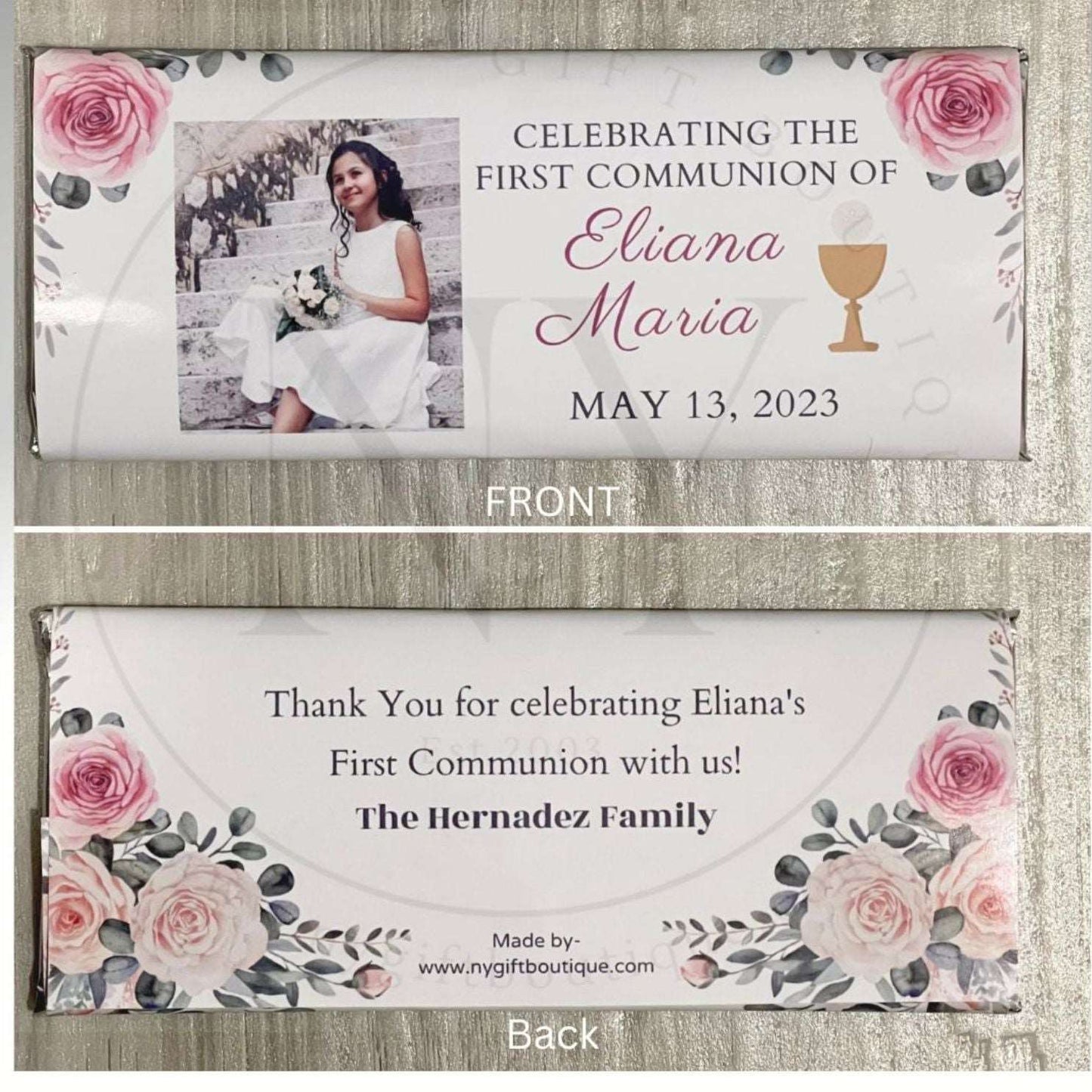 Banquet Design Custom First Communion Chocolate Bar & Silver Foil Wrapper