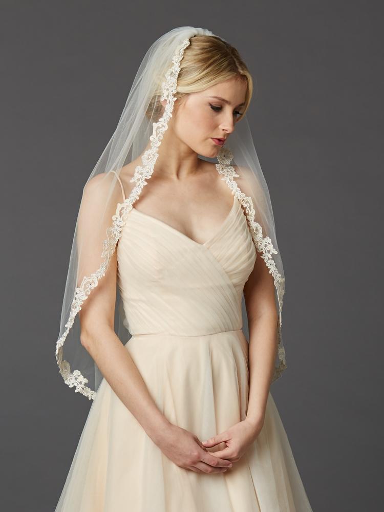 Champagne Lace Edge Fingertip Mantilla Veil